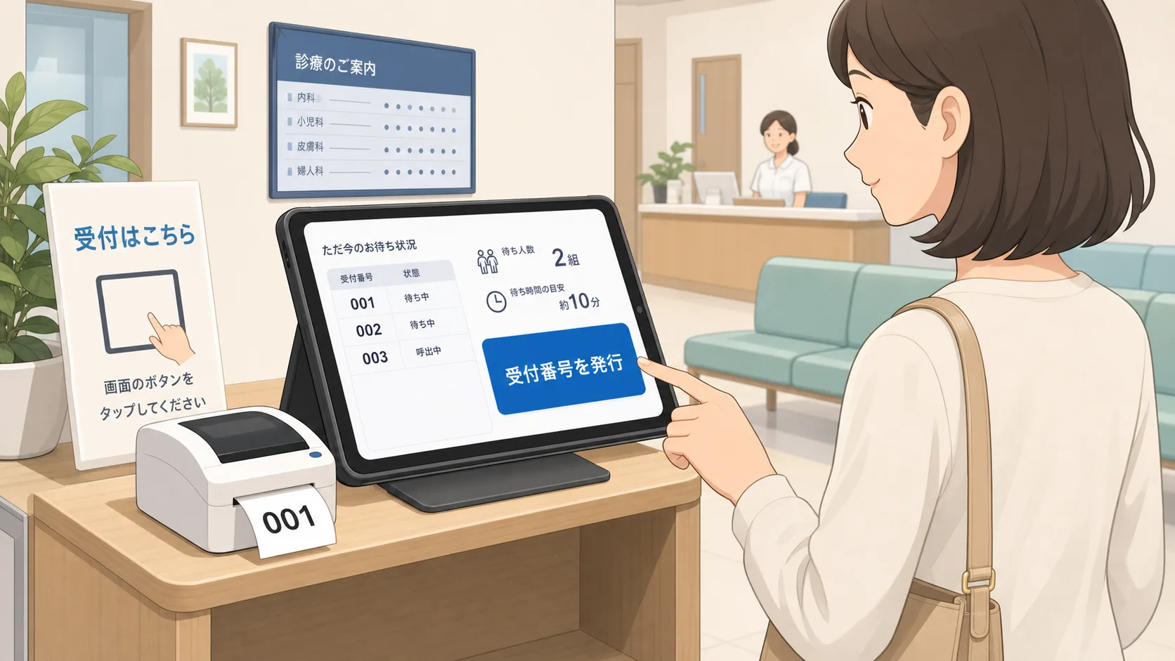 入口受付用タブレットと番号券プリンターを使って受付番号を発行しているイラスト