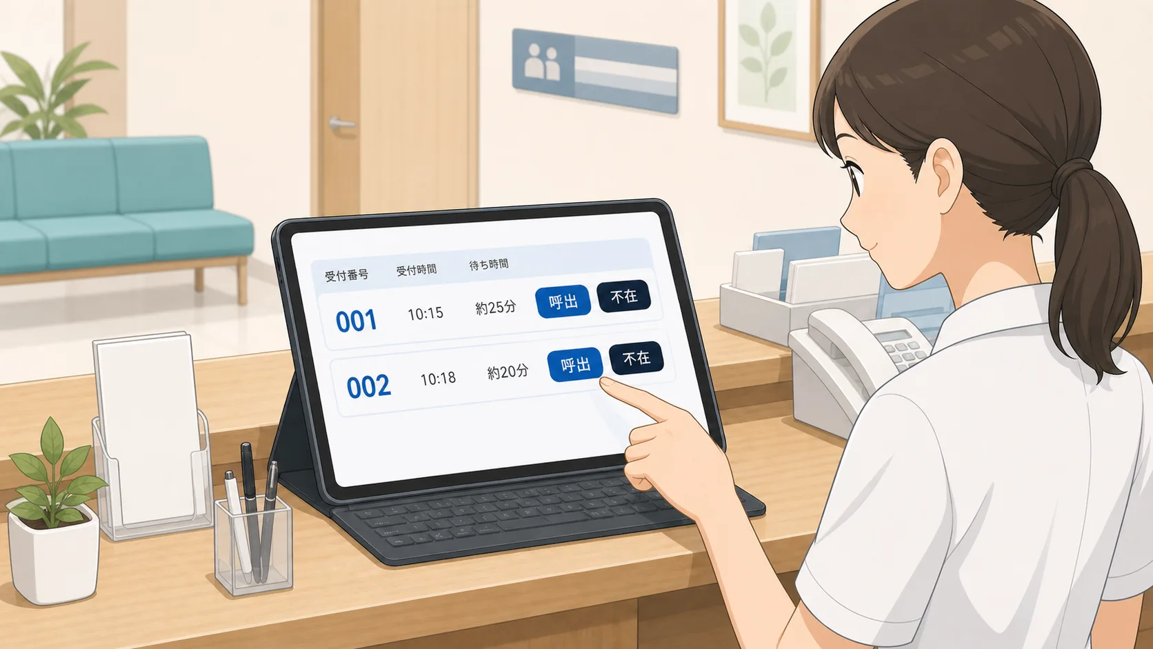 受付スタッフがタブレットで呼出操作をしているイラスト
