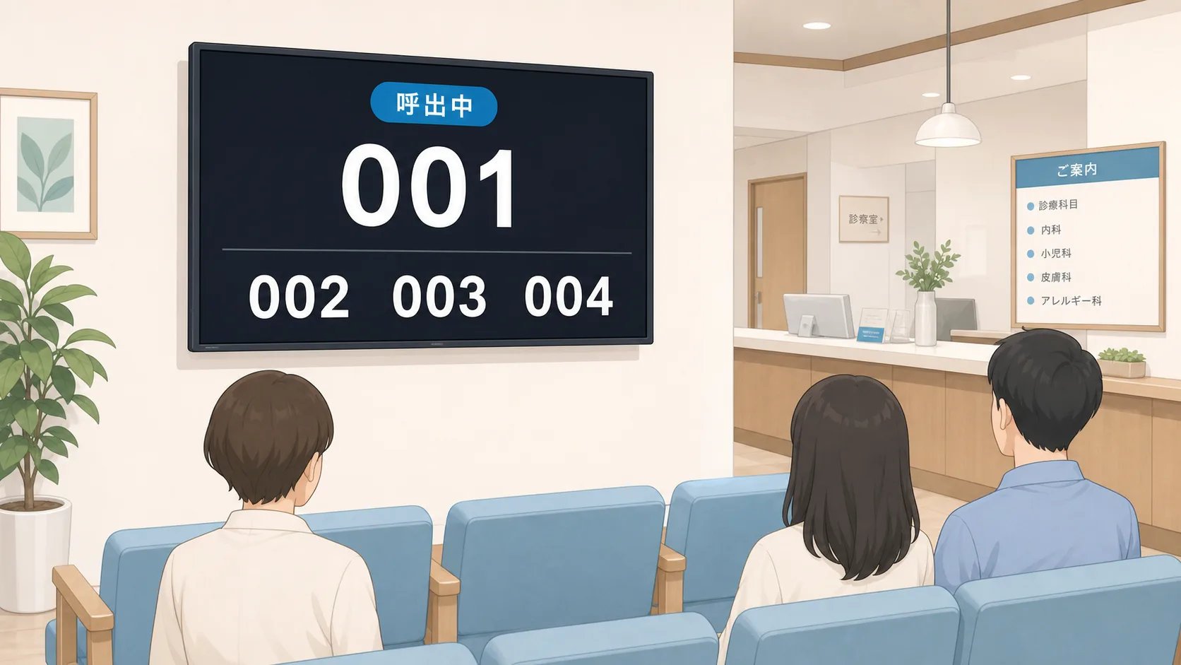 待合室のモニターに呼出中番号が表示されているイラスト